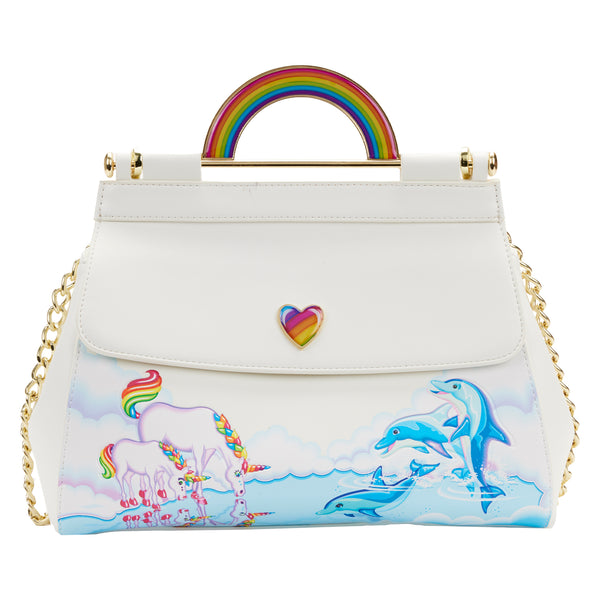 Markie™ Reflection Crossbody Bag, On the front, Markie and Celeste™ take a refreshing sip of water from a reflective lake where the Dancing Dolphins™ play in a white background. As they rest in the clouds, a bold and bright rainbow shines above on the bag’s molded handle. A dreamy cloud-shaped shoulder pad continues the magic on top of the shiny gold chain shoulder strap.
