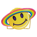 This is the Loungefly Lisa Frank Yellow Saturn Smiley Crossbody Bag vie from the front, it has a ring with different colors going from pink, orange, yellow, green, blue, and purple, including an adjustable (detachable) chain shoulder strap and zips closed with shiny gold hardware.