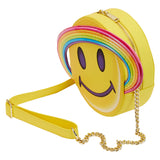 This is the Loungefly Lisa Frank Yellow Saturn Smiley Crossbody Bag view from the side, it has a ring whit different colors going from pink, orange, yellow, green, blue, and purple, including an adjustable (detachable) chain shoulder strap and zips closed with shiny gold hardware.