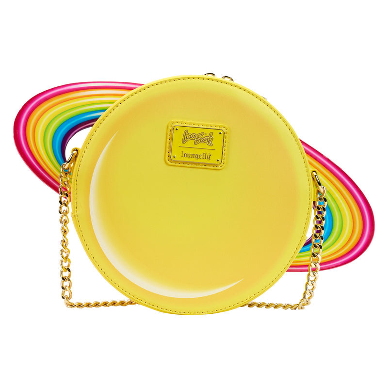 This is the Loungefly Lisa Frank Yellow Saturn Smiley Crossbody Bag view from the back, it has a ring with different colors going from pink, orange, yellow, green, blue, and purple, including an adjustable (detachable) chain shoulder strap and zips closed with shiny gold hardware, on the top center it has a place with the Lisa Frank logo.