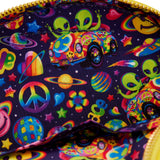 This is the Loungefly Lisa Frank Yellow Saturn Smiley Crossbody Bag view from the inside, with an intense purple fabric, which is decorated with different Lisa Frank icons, including hearts, stars, planets, the smiley face, and Zoomer & Zorbit™almost all the icons include the colors, pink, orange, yellow, green, purple and blue.