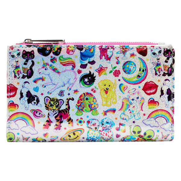 Loungefly Lisa Frank® AOP Iridescent Flap Wallet. This wallet displays an all-over print of some of Lisa Frank’s characters like  Panda Painter™, Angel Kitty™, Markie™ the unicorn, the rainbow. This item features a bold and bright pattern against a shiny silver iridescent background. 