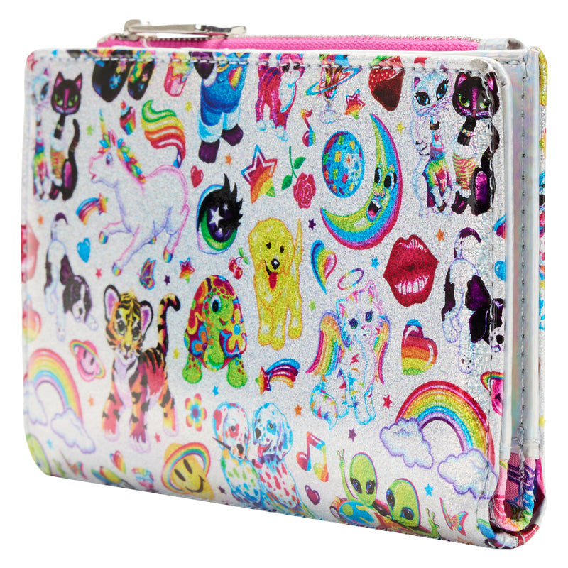 Loungefly Lisa Frank® AOP Iridescent Flap Wallet from the side. This wallet displays an all-over print of some of Lisa Frank’s characters like  Panda Painter™, Angel Kitty™, Markie™ the unicorn, the rainbow. This item features a bold and bright pattern against a shiny silver iridescent background. 