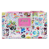 Loungefly Lisa Frank® AOP Iridescent Flap Wallet from the back. This wallet displays an all-over print of some of Lisa Frank’s characters like  Panda Painter™, Angel Kitty™, Markie™ the unicorn, the rainbow. This item features a bold and bright pattern against a shiny silver iridescent background. with a pink plate with the Lisa Frank logo