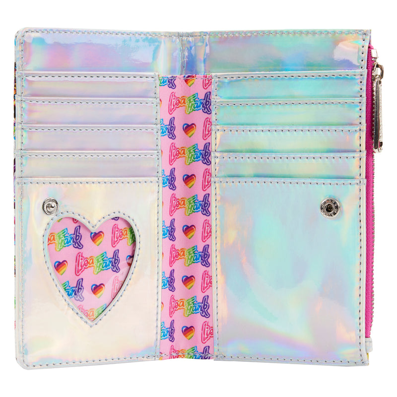 Loungefly Lisa Frank® AOP Iridescent Flap Wallet from the inside. This wallet displays an all-over print of Lisa Frank’s logo with rainbow hearts, ah holographic inside with 7 slots for holding cards, and a clear slot to hold your ID.