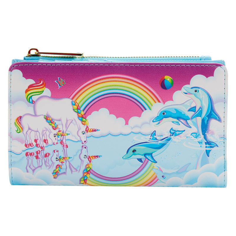 Markie™ Reflection Wallet on the front, Markie and Celeste™ take a refreshing sip of water from a reflective lake where the Dancing Dolphins™ play with a beach ball. As they rest in the clouds, a bright rainbow shines above, with a gold zipper.