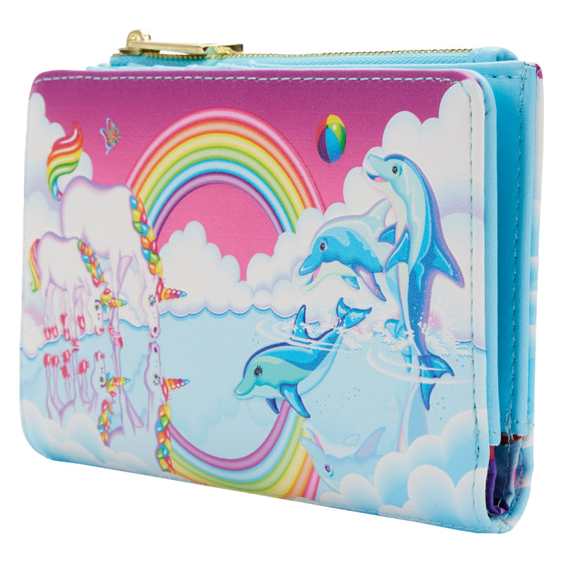 Markie™ Reflection Wallet side view, on the front, Markie and Celeste™ take a refreshing sip of water from a reflective lake where the Dancing Dolphins™ play with a beach ball. As they rest in the clouds, a bright rainbow shines above, with a gold zipper.