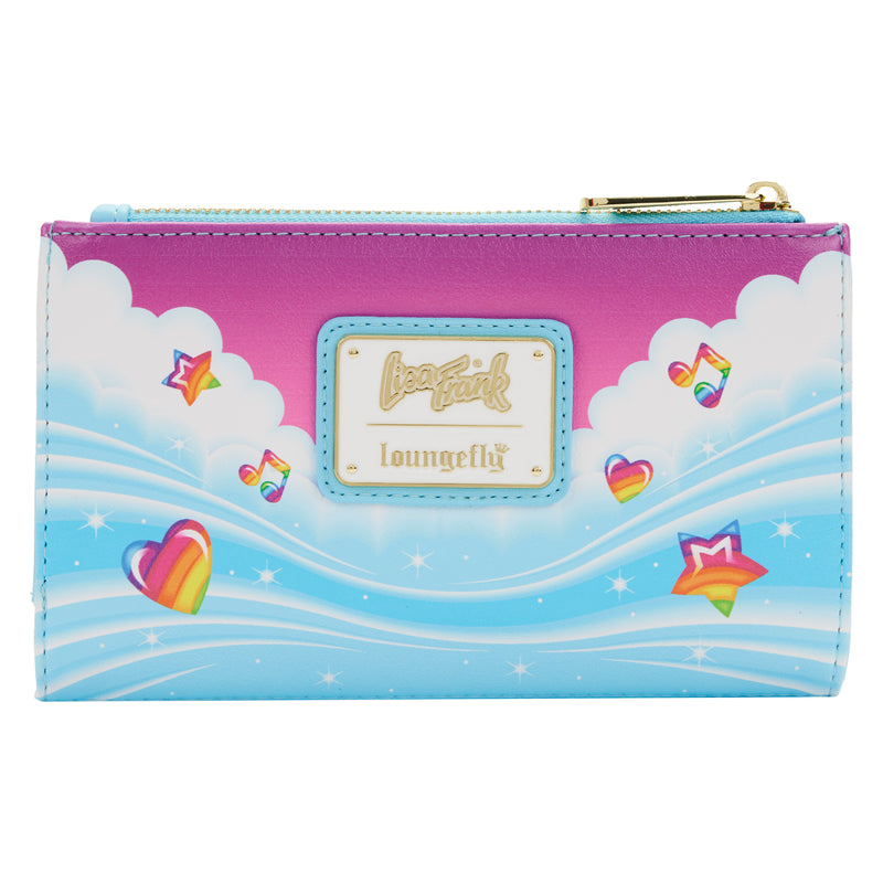 On the back, clouds and sparkly water waves accompany multi-colored hearts, stars, and music notes, a metal plate rests in the middle with the Lisa Frank logo.