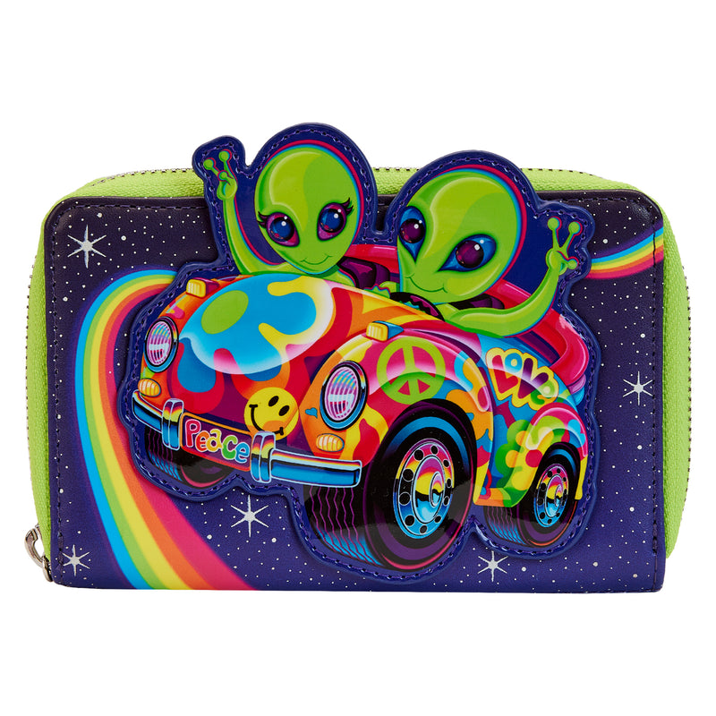 This is the Loungefly Lisa Frank® Cosmic Alien Ride Zip Around Wallet view from the front; it features green characters Zoomer & Zorbit™ on the front of the wallet as they tour the strong blue galaxy in their automobile, decorated with a mix of Lisa Frank graphics, like the smiley face, the peace and love sign, and a blue flower;  A green zipper and the stars and aliens glow in the dark.
