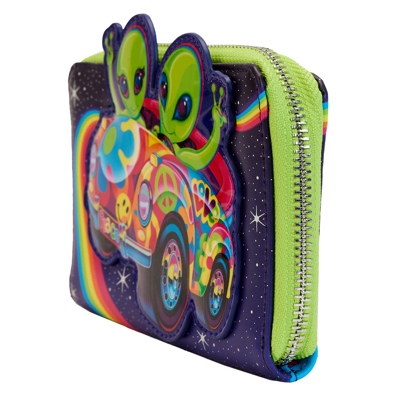 This is the Loungefly Lisa Frank® Cosmic Alien Ride Zip Around Wallet view from the side; it features green characters Zoomer & Zorbit™ on the front of the wallet as they tour the strong blue galaxy in their automobile, decorated with a mix of Lisa Frank graphics, like the smiley face, the peace and love sign, and a blue flower;  A green zipper and the stars and aliens glow in the dark.
