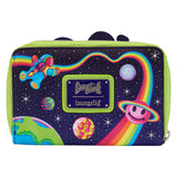 This is the Loungefly Lisa Frank® Cosmic Alien Ride Zip Around Wallet view from the back; an astronaut floats near colorful planets, Saturn Smiley in a strong blue galaxy,  A green zipper, and the stars and aliens glow in the dark, On the top center, it has a plate with the Lisa Frank logo.