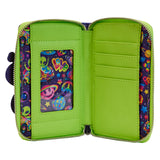 This is the Loungefly Lisa Frank® Cosmic Alien Ride Zip Around Wallet view from the inside, With four slots for holding cards and a clear slot for holding ID on green fabric; at the back, you can appreciate the fabric with different Lisa Frank icons and characters like including hearts, stars, planets, the smiley face, and Zoomer & Zorbit™almost all the icons include the colors, pink, orange, yellow, green, purple and blue.