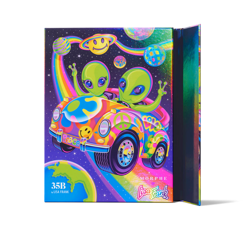 Product cover for Morphe and Lisa Frank Pallette. Our Alien characters with a space background, and a iridescent finish.
