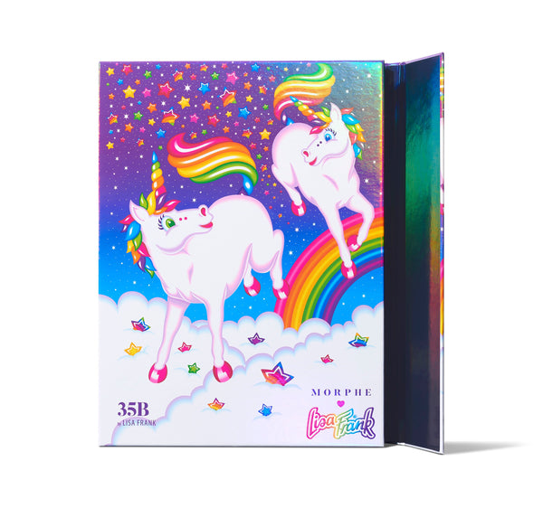 Product cover for Morphe and Lisa Frank Palette. The cover includes our Prancing Unicorns characters surrounded by stars, clouds, and a rainbow around the unicorns.
