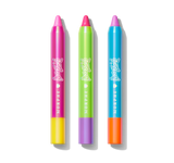 PAINT IT PLAYFUL LIP CRAYON TRIO  these neutral lip crayons in shades that glide on smooth, including the Pen Pal, Dear Diary, Slumber Party; the first one on the left, a pink crayon with a yellow bottom, and the shade is pink, next is a green crayon with a purple bottom; the shade is strong pink, and then is a blue crayon with an orange bottom, the shade is a light purple. 