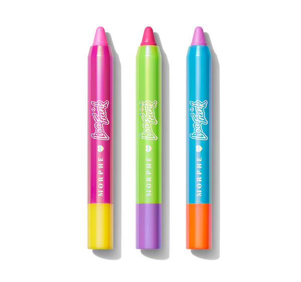 PAINT IT PLAYFUL LIP CRAYON TRIO  these neutral lip crayons in shades that glide on smooth, including the Pen Pal, Dear Diary, Slumber Party; the first one on the left, a pink crayon with a yellow bottom, and the shade is pink, next is a green crayon with a purple bottom; the shade is strong pink, and then is a blue crayon with an orange bottom, the shade is a light purple. 