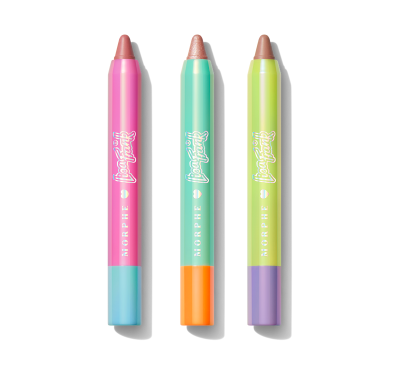 PAINT IT NEUTRAL LIP CRAYON TRIO these neutral lip crayons in shades that glide on smooth, including the Lifetime Fan, Kid at Heart, Friends 4 Ever; the first one on the left, a pink crayon with a blue bottom, and the shade is a brown pink, next is an aquamarine crayon with an orange bottom; the shade is brown, and then is a green crayon with a purple bottom, the shade is a clear brawn. 