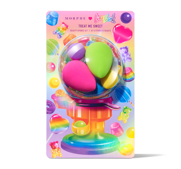 TREAT ME SWEET 5-PIECE BEAUTY SPONGE SET, rainbow beauty sponges, a pink one, green and yellow, in a packaging simulation a crystal ball on a rainbow color pedestal, with some colorful elements, like pink heart pandas with a rainbow fade, some popsicles, green, blue and purple.
