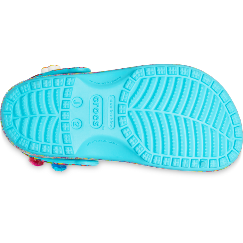 Classic Lisa Franck Crocs from the bottom, color blue showing the crocs logo and the shoe size.