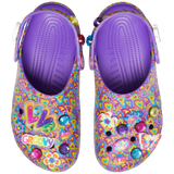 Classic Lisa Franck Crocs from the top each shoe is decked out in signature Lisa Frank designs with colorful hearts on a purple background and includes a whimsical and wonderful collection Jibbitz™ charms like the piece and love sine with the lisa frank colors, a flower, a butterfly, a red, purple and blue diamond and the word groovy in different colors, and a love charm.