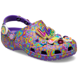 Classic Lisa Franck Crocs each shoe is decked out in signature Lisa Frank designs with colorful hearts on a purple background and includes a whimsical and wonderful collection Jibbitz™ charms like the piece and love sine with the lisa frank colors, a flower, a red diamond an the word groovy in different colors, and a love charm.