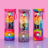 The tree Lisa Frank BlendJet 2 portable blender starting on the left is the Rainbow Fade colors pink, orange, yellow, green, and purple; next is the Rainbow Leopard whit the same color fade in the background as the last one but with a leopard print pattern in different colors on the top, lastly is the Tye Dye with a tye dye circular pattern with the same colors as the others colors pink to purple with the cap in the same pattern.
